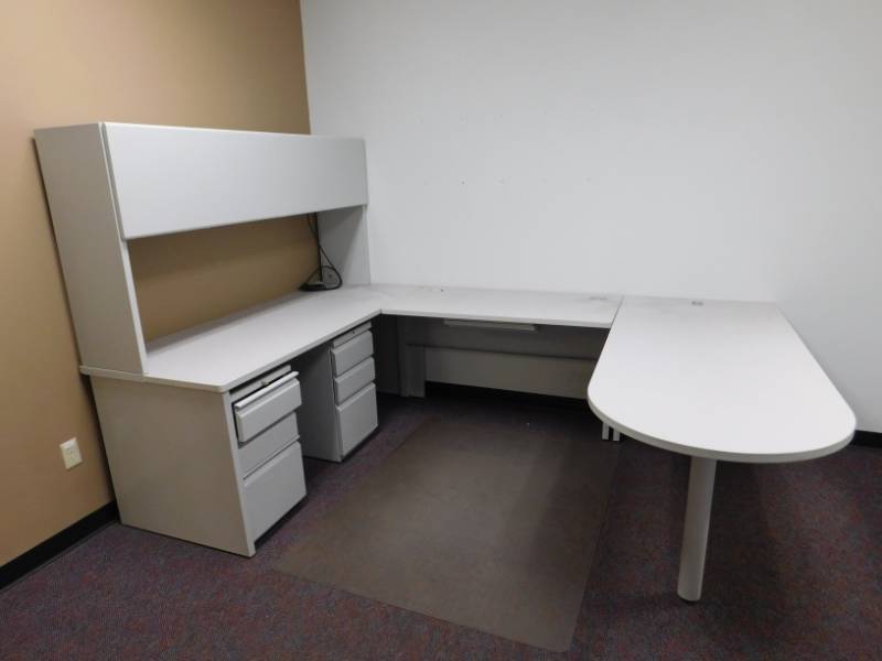 lot 58 image: U Shape Desk, 2 - File Cabinets, Round Table, Dry Erase Board