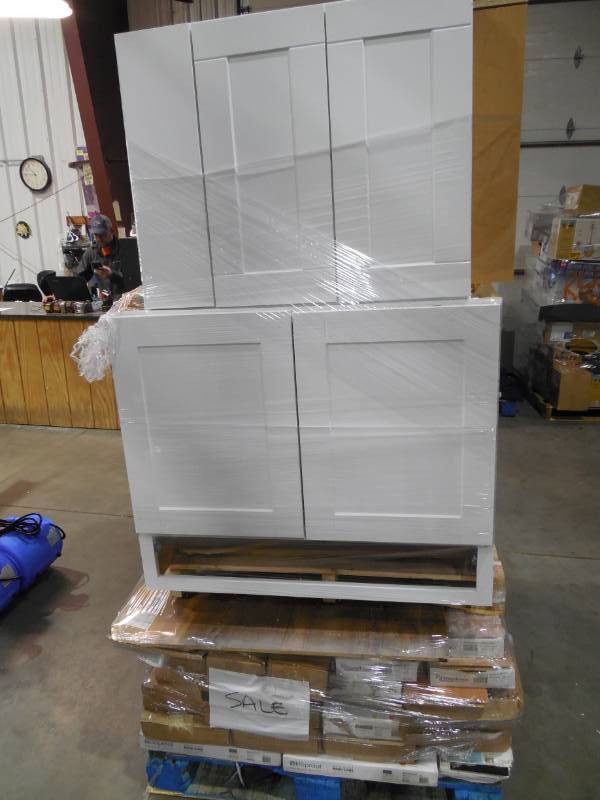 lot 12 image: WHOLESALE PALLET LOT OF GENERAL MERCHANDISE, FLOORING, CABINETS