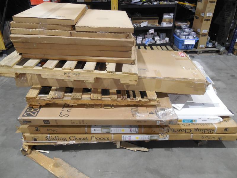 lot 16 image: WHOLESALE PALLET LOT OF DOOR PARTS & SHELVING