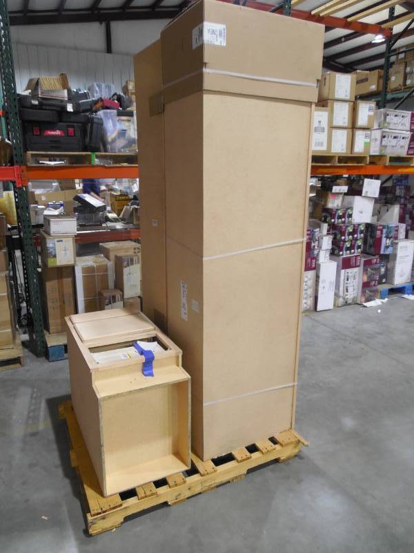 lot 18 image: PALLET OF 2 PANTRY CABINETS & 1 DRAWER BASE.