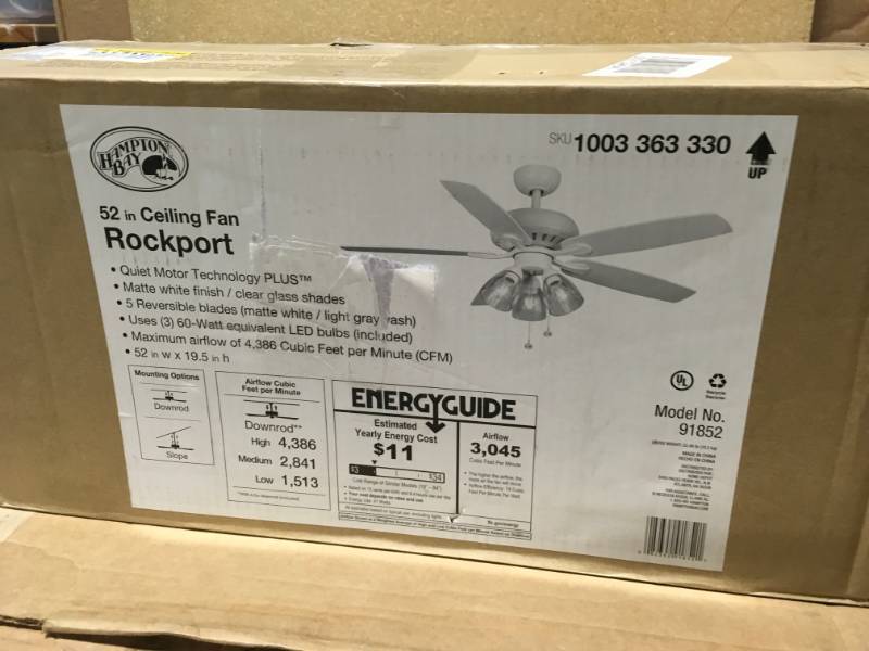 Hampton Bay Rockport 52 in. LED Matte White LED Ceiling Fan with Light kit- not used