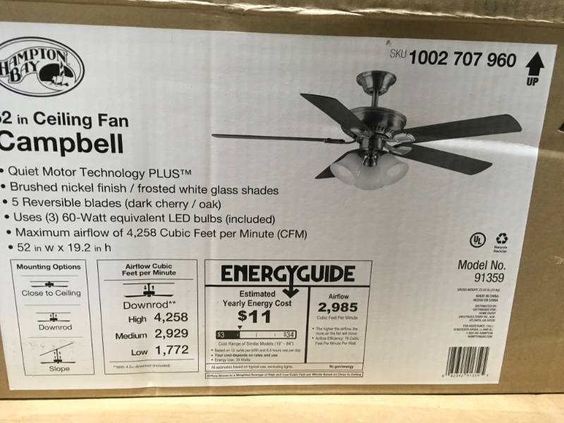 lot 7 image: Hampton Bay Campbell 52 in. LED Indoor Brushed Nickel Ceiling Fan with Light Kit and Remote Control- open box