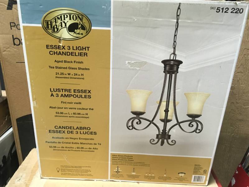 lot 19 image: Essex 3-Light Aged Black Chandelier with Tea Stained Glass Shades- not used