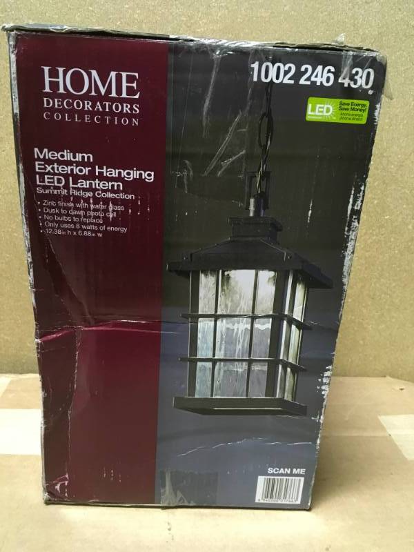 lot 38 image: Summit Ridge Collection Zinc Outdoor Integrated LED Hanging Lantern- not used