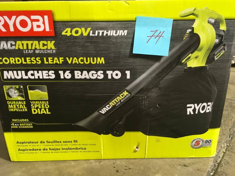 lot 74 image: 40-Volt Lithium-Ion Cordless Leaf VacuumMulcher 4.0 Ah Battery and Charger Included- not used