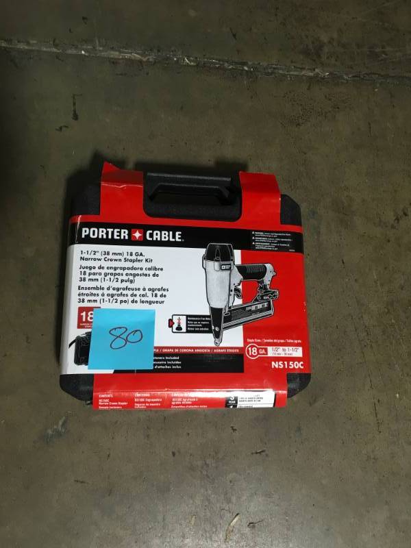 lot 80 image: Porter-Cable Pneumatic 18-Gauge 1-12 in. Narrow Crown Stapler Kit- not used