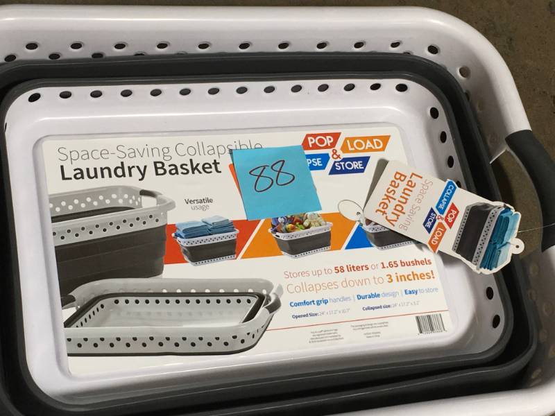 lot 88 image: HOMZ White and Grey Collapsible Plastic Rectangle Laundry Basket- not used