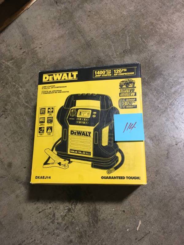 lot 114 image: DEWALT 1400 Peak Amp Jump Starter with Digital Compressor- good condition
