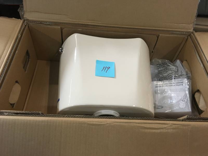 lot 119 image: Glacier Bay 2-Piece 1.28 GPF High Efficiency Single Flush Round Toilet in Bone- not used