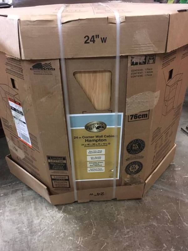 lot 127 image: Hampton Bay Hampton Assembled 24x30x12 in. Diagonal Corner Wall Kitchen Cabinet in Medium Oak- not used