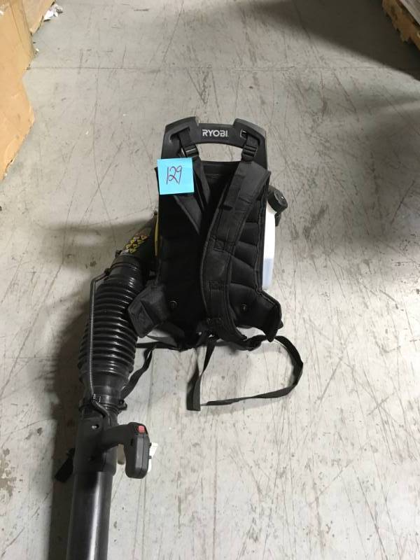 lot 129 image: RYOBI 185 MPH 510 CFM Gas Backpack Leaf Blower- good condition