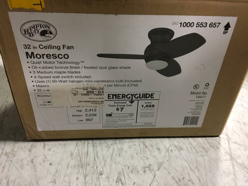 lot 144 image: Hampton Bay Moresco 32 in. Indoor Oil Rubbed Bronze Ceiling Fan with Light Kit and Wall Control- open box