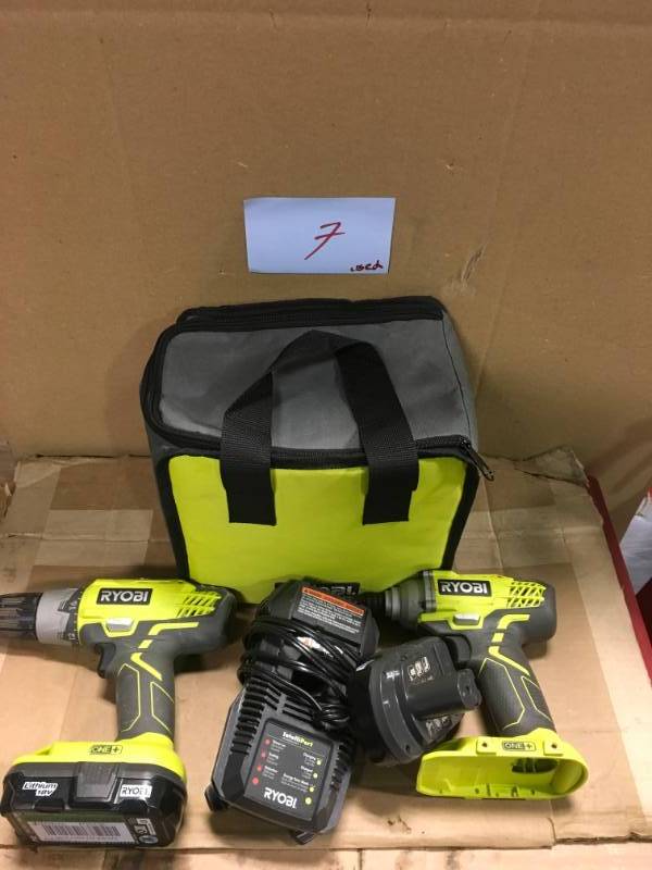 lot 7 image: RYOBI 18-Volt ONE Lithium-Ion Cordless DrillDriver and Impact Driver Combo Kit with (2) 1.3 Ah Batteries, Charger, and Bag  USED