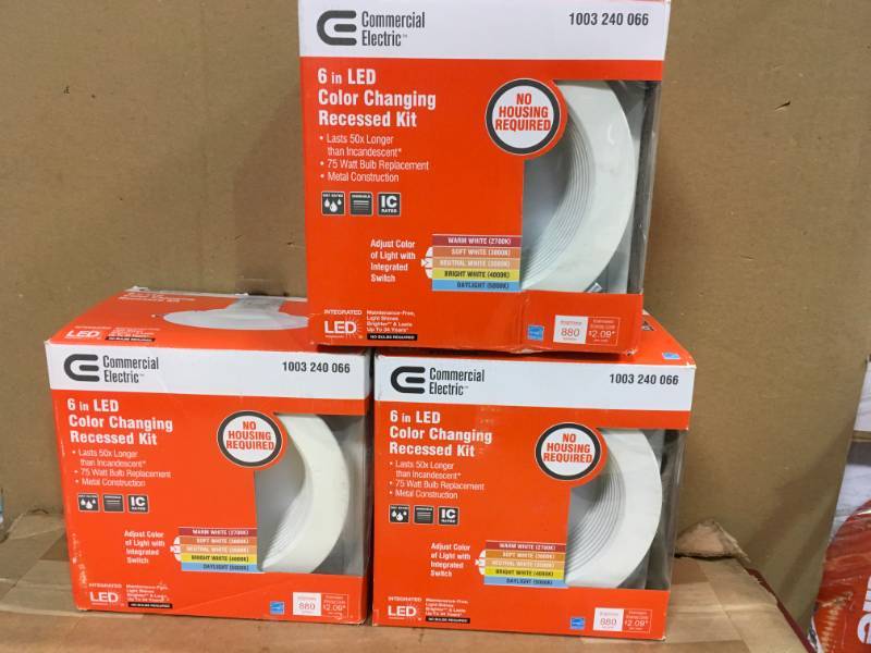 lot 12 image: (Lot of 3) Commercial Electric Easy-Up 6 in. Deep Baffle Color Selectable Canless LED Recessed Kit- open box