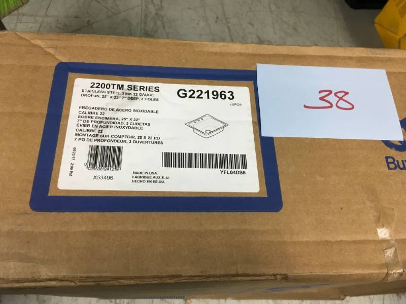 lot 38 image: MOEN 2200 Series Drop-in Stainless Steel 25 in. 3-Hole Single Basin Kitchen Sink- good condition