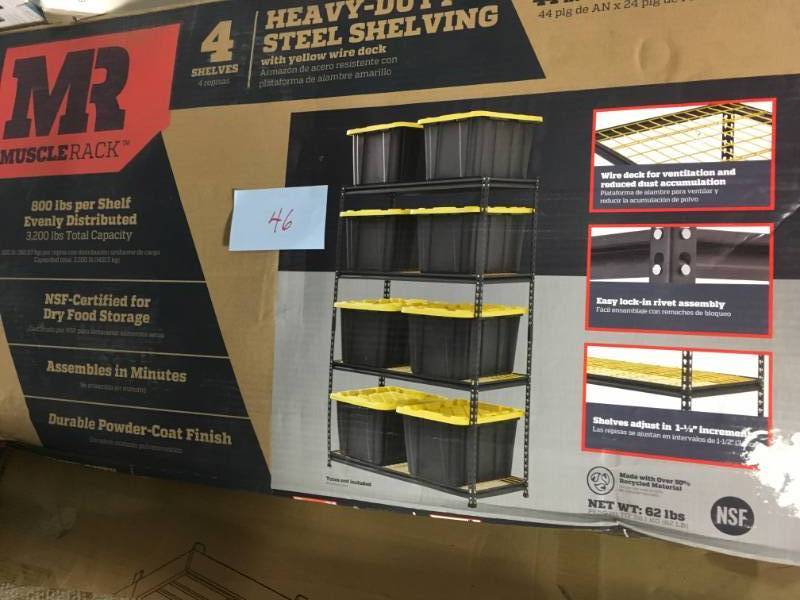 lot 46 image: Muscle Rack 44 in. W x 72 in. H x 24 in. D BlackYellow Steel 4-Shelf Garage Shelving Unit- not used