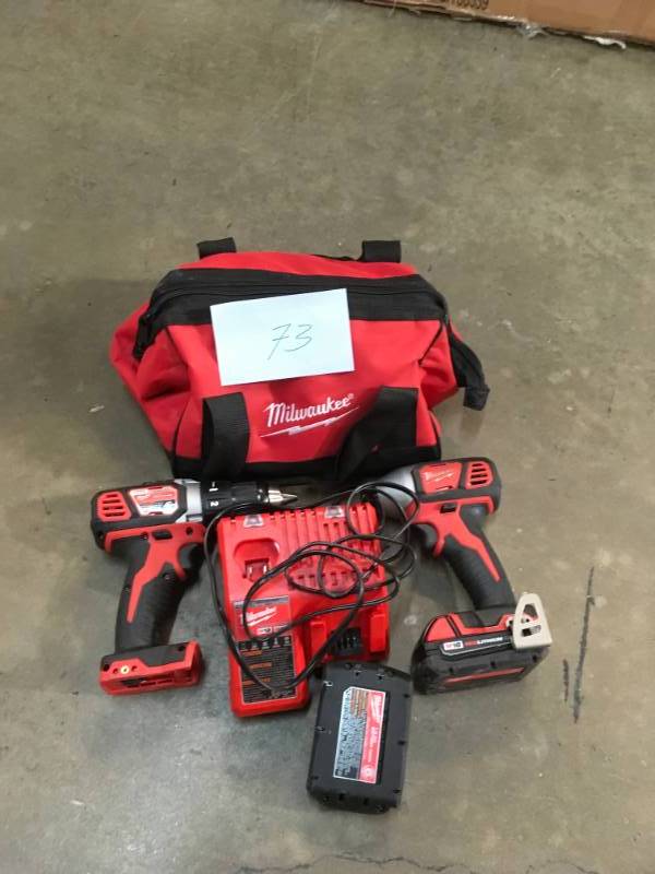 lot 73 image: M18 18-Volt Lithium-Ion Cordless Drill DriverImpact Driver Combo Kit (2-Tool) w(2) 1.5Ah Batteries, Charger, Tool Bag- good condition