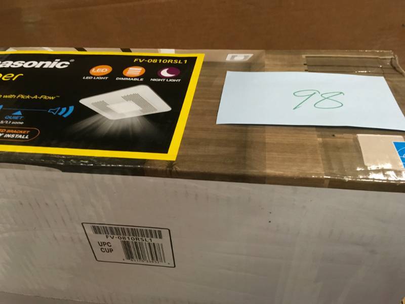 lot 98 image: Panasonic WhisperThin Pick-A-Flow 80 or 100 CFM Exhaust Fan wLED Light, Low Profile, Ceiling or Wall and 4 in. Oval Duct Adapter- not used