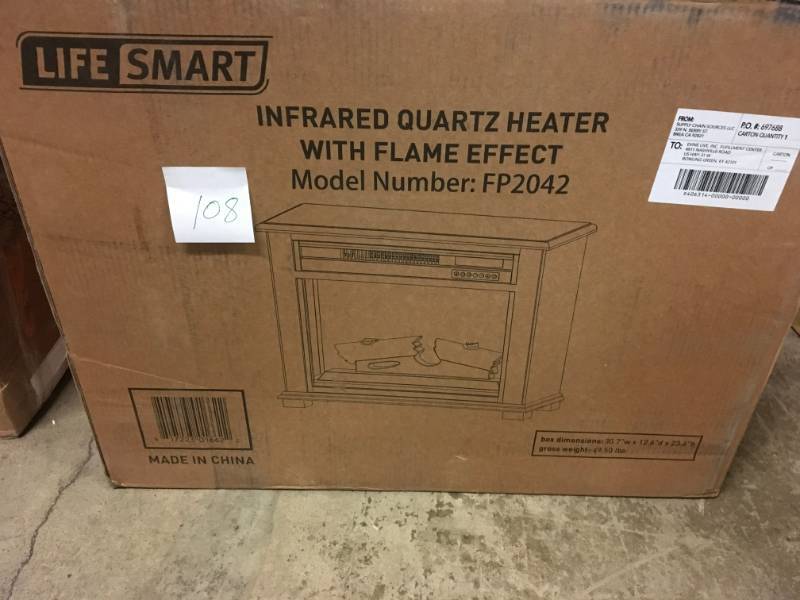lot 108 image: Lifesmart Quakerstown 29 in. Freestanding Electric Fireplace with Remote in Light Oak Stain- not used