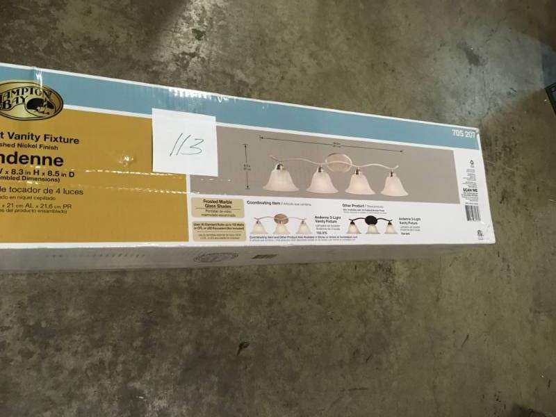 lot 113 image: Hampton Bay Andenne 4-Light Brushed Nickel Bath Vanity Light with Bell Shaped Marbleized Glass Shades- not used