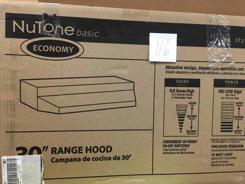 lot 116 image: NuTone RL6200 Series 30 in. Ductless Under Cabinet Range Hood with Light in Stainless Steel- not used