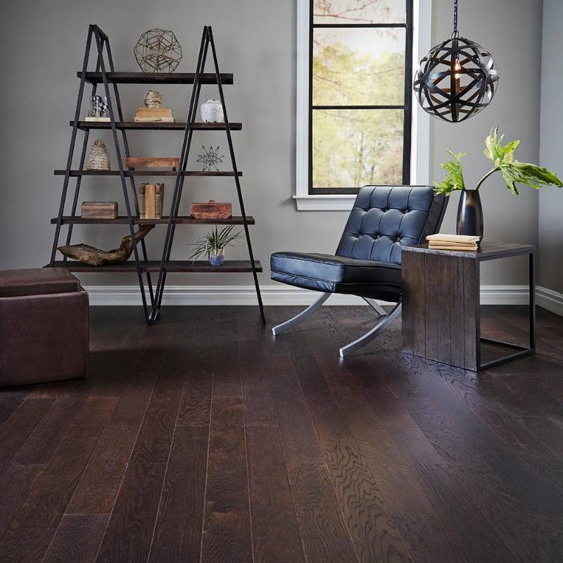lot 9 image: 22 cases of Wire Brushed Oak Coffee 38 in. Thick x 5 in. Wide x Varying Length Click Lock Hardwood Flooring (19.686 sq. ft.  case)
