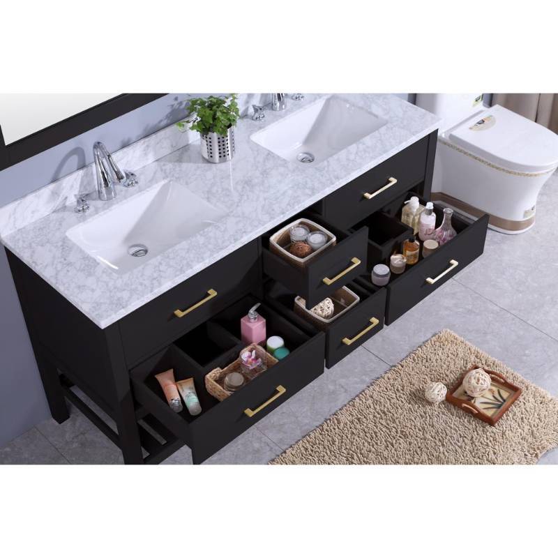 lot 25 image: 61 in. W x 22 in. D Vanity in Espresso with Marble Vanity Top in White and Gray with White Basin and Mirror