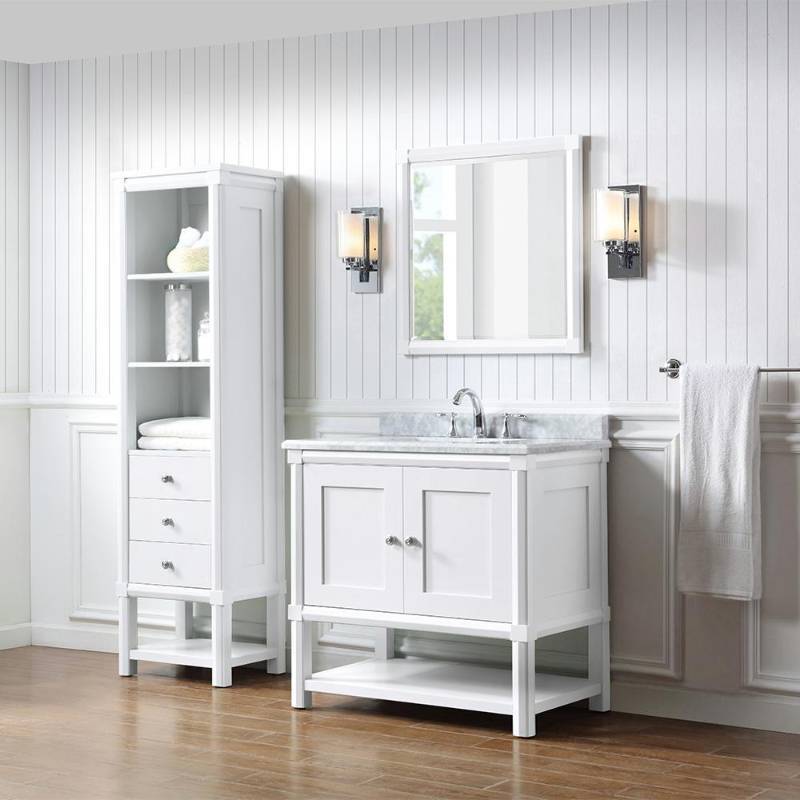 lot 29 image: Martha Stewart Living Sutton 36 in. W x 22 in. D Vanity in Bright White with Marble Vanity Top in WhiteGrey with White Basin