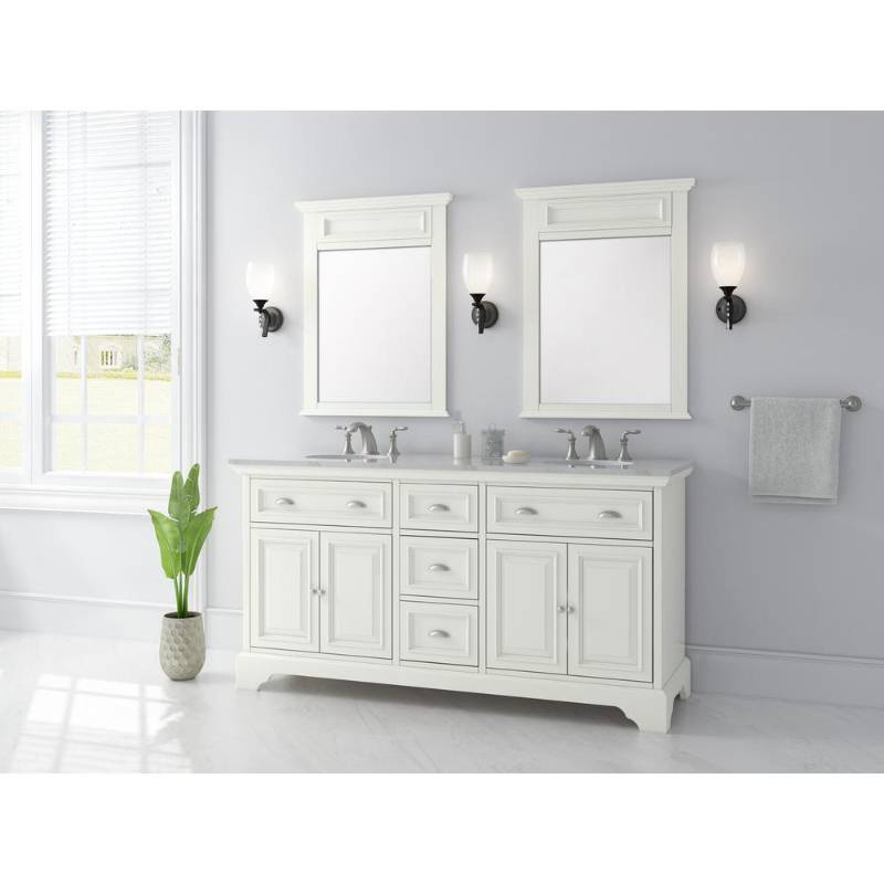 lot 30 image: Home Decorators Collection Sadie 67 in. W x 21.5 in. D Vanity in Matte Pearl with Marble Vanity Top in Natural White with White Sink