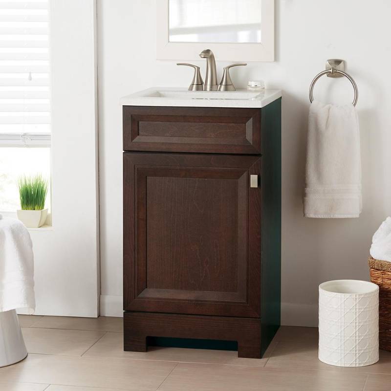 lot 32 image: Home Decorators Collection Sedgewood 18-12 in. W Bath Vanity in Dark Cognac with Solid Surface Technology Vanity Top in Arctic with White Sink