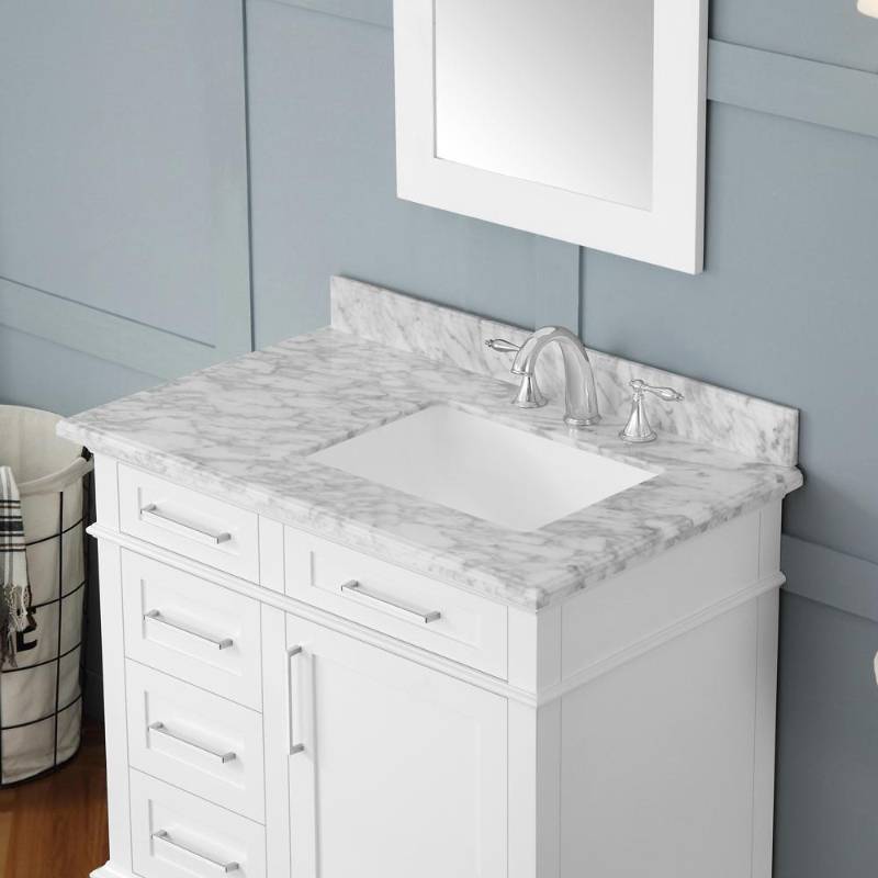 lot 37 image: Home Decorators Collection Sonoma 36 in. W x 22 in. D Bath Vanity in White with Carrara Marble Top with White Sinks