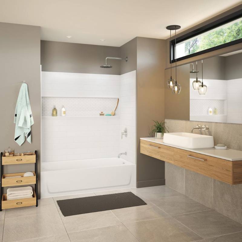 lot 45 image: Nextile 30 in. x 60 in. x 60 in. 4-Piece Direct-to-Stud Alcove Tub Surround in White