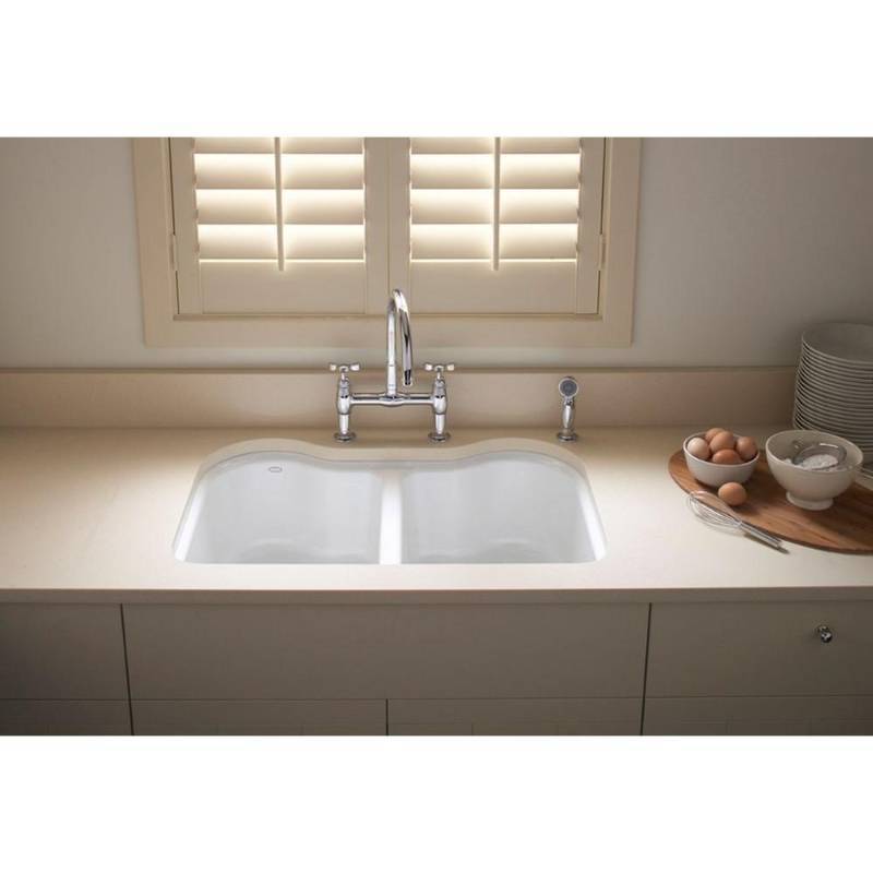 lot 47 image: Kohler Hartland Undermount Cast-Iron 33 in. 5-Hole Double Bowl Kitchen Sink in White