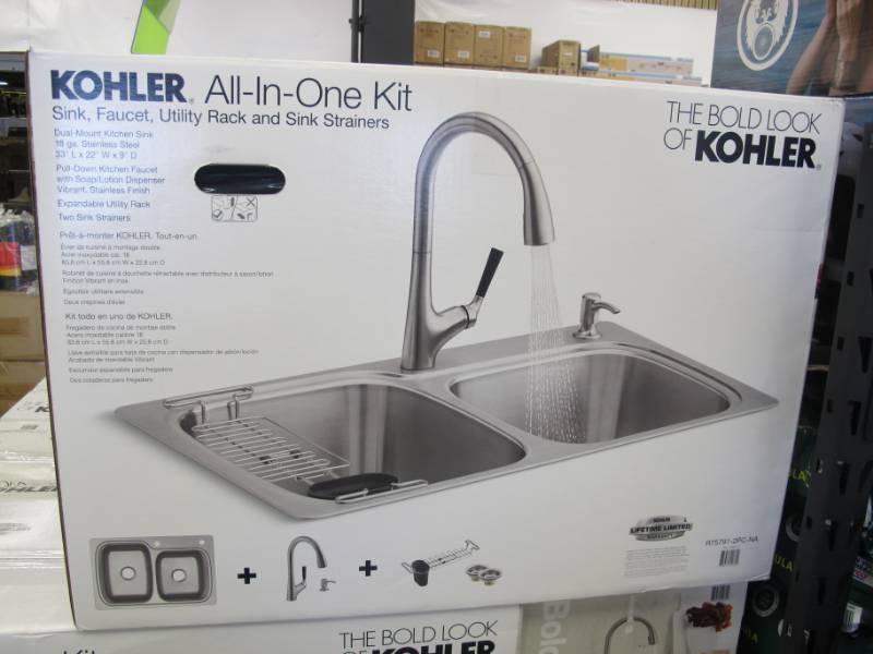 lot 10 image: Kohler R75791-2PC-NA All-in- All-in-One Dual-Mount Double Bowl Kitchen Sink Kit with Faucet and Accessories, Brushed Stainless - Like New