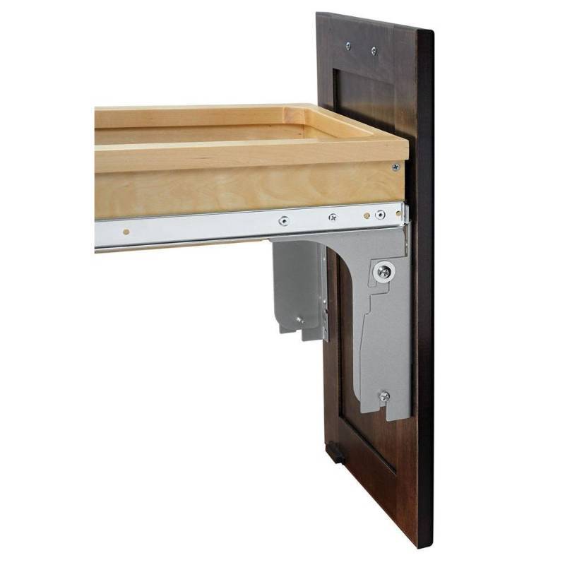 lot 70 image: Rev-A-Shelf 21.75 in. H x 18 in. W x 24.5 in. D Double 50 Qt. Pull-Out Top Mount Wood and White Container for 1-12 in. Face Frame