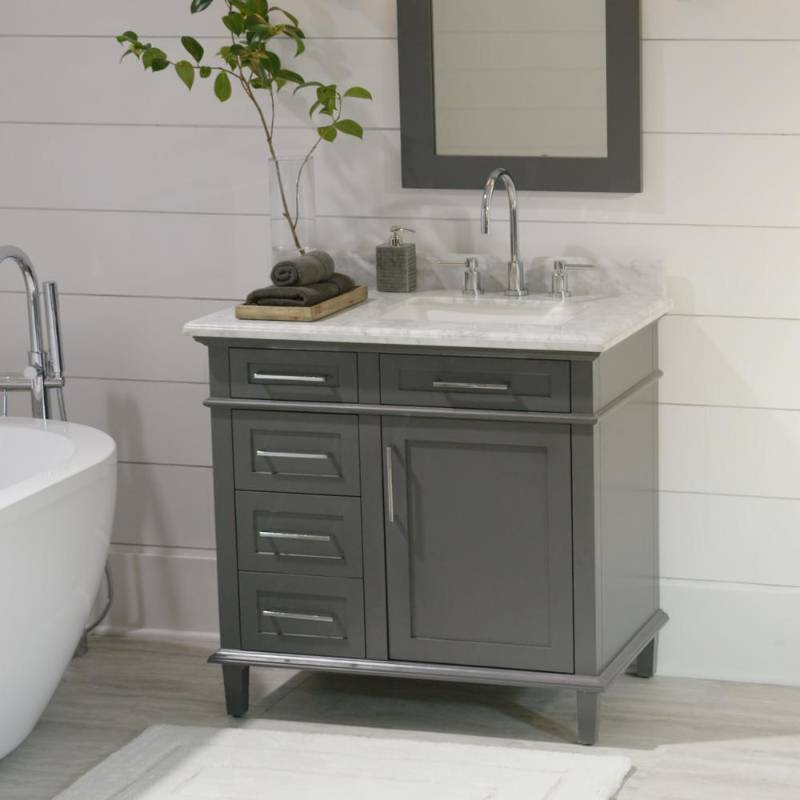 lot 80 image: Home Decorators Collection Sonoma 36 in. W x 22 in. D Bath Vanity in Dark Charcoal with Carrara Marble Top with White Sinks