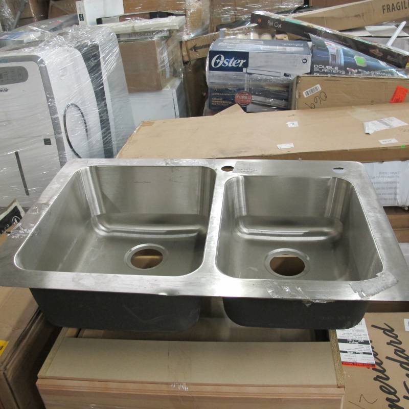 lot 84 image: KOHLER 33-in x 22-in Brushed Stainless Steel Double-Basin Drop-In or Undermount 2-Hole Residential Kitchen Sink - Dented