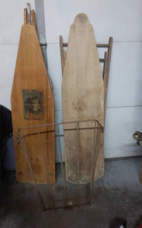 lot 2 image: 2-Vintage Wood Ironing Boards & Iron Feeder Bin