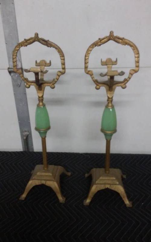 lot 4 image: Pair Of Cast Lamp Bases With Jadeite Green Glass