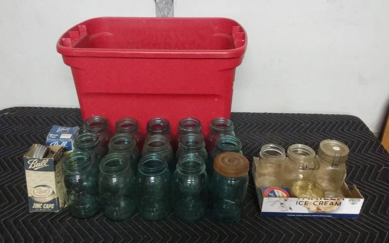 lot 16 image: Collection Of Blue Ball Jars, Lids & Other Wide Mouth Jars With Glass Lids-Includes Tote.