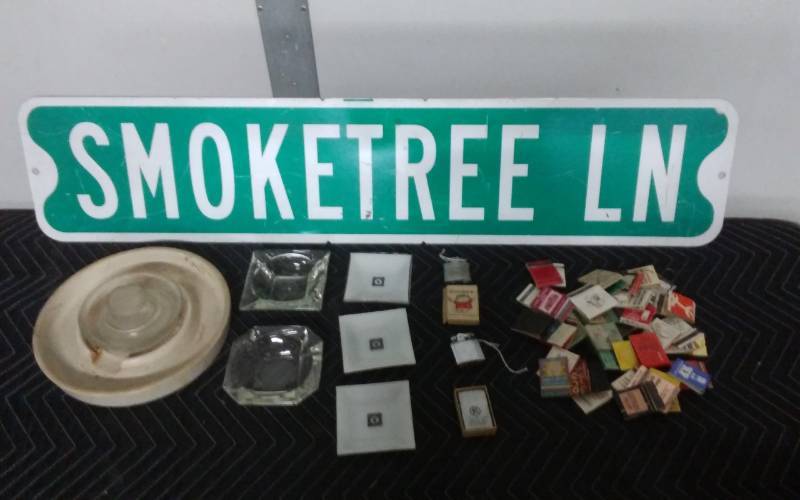 lot 19 image: Lot Of 3 Play Boy Ash Trays, Match Books, Lighters & Smoketree Lane Street Sign
