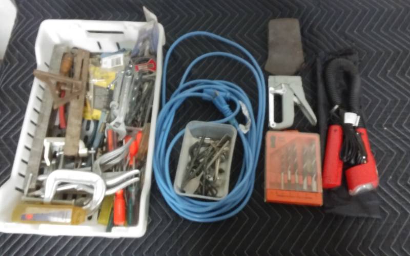 lot 34 image: Assorted Hand Tools, Snake Flashlight, Extension Cords, Drill Bit & Other Misc.