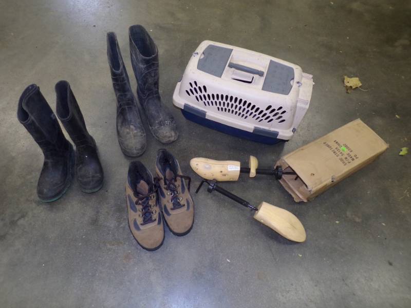 Mud Boots, Hiking Boots, Cat Carrier and Shoe Stretcher