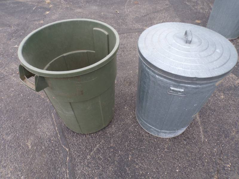 galvanized and Rubbermaid Garbage cans