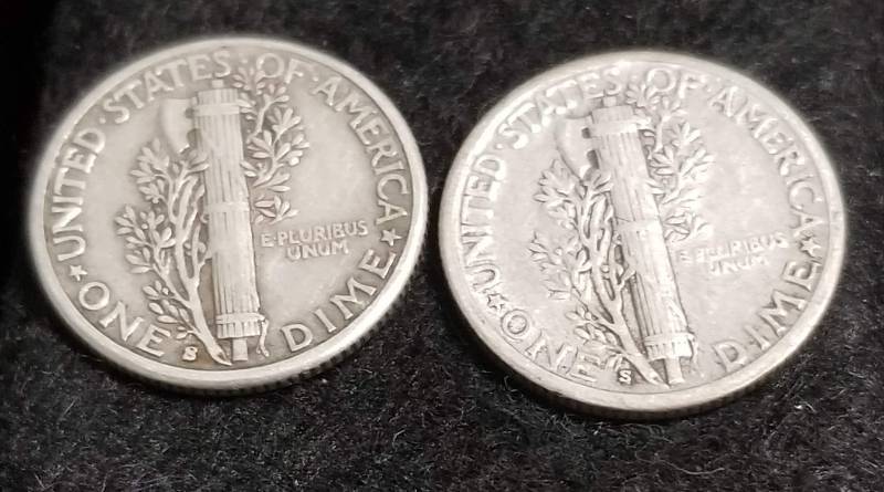 2 MERCURY SILVER DIMES 1928-S 1929-S
