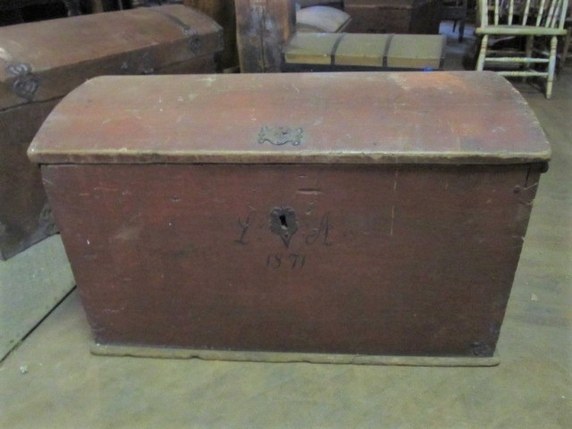 lot 13 image: Large Early Antique Dovetailed Dome Top Immigrant Trunk - Dated 1871