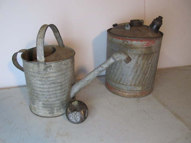 lot 18 image: Antique Watering Can Gas Can & Brass Watering Spout