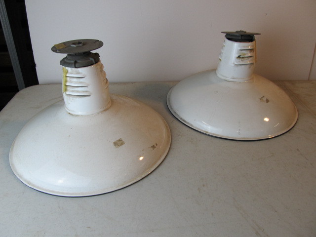lot 20 image: Matching Pair of MILLER Industrial Porcelain Light Fixtures