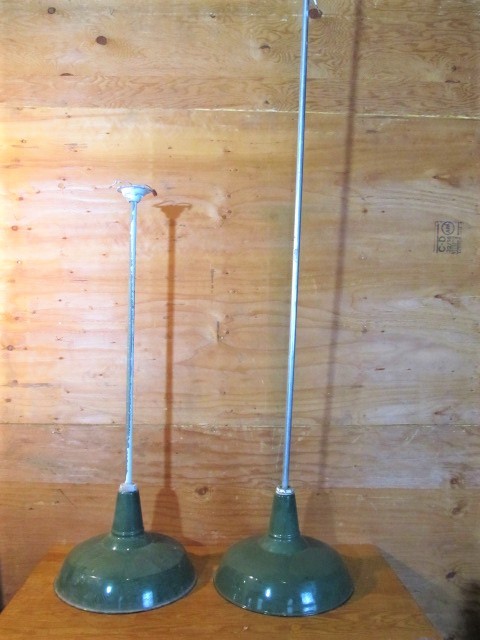 lot 202 image: Matching Pair of Vintage IndustrialService Station Green Porcelain Light Fixtures - Extended Poles