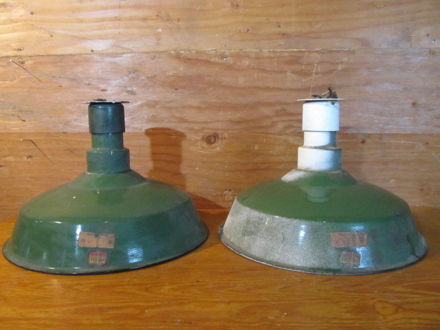 lot 204 image: Matching Pair of Vintage IndustrialService Station Green Porcelain Light Fixtures - Westinghouse